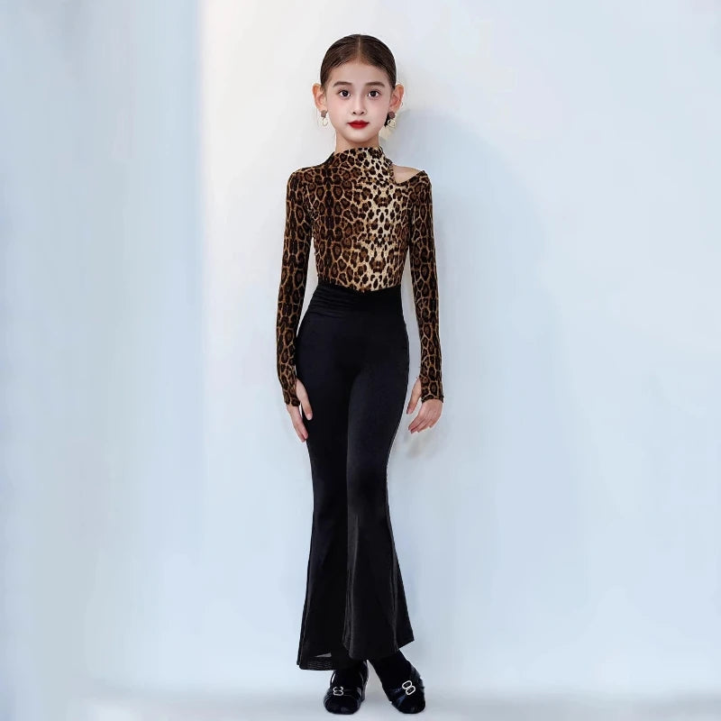 New Latin Dance Set for Girls Leopard Print Long Sleeve Top Black Flared Pants Training Clothes Cha Cha Rumba Practice DanceWear