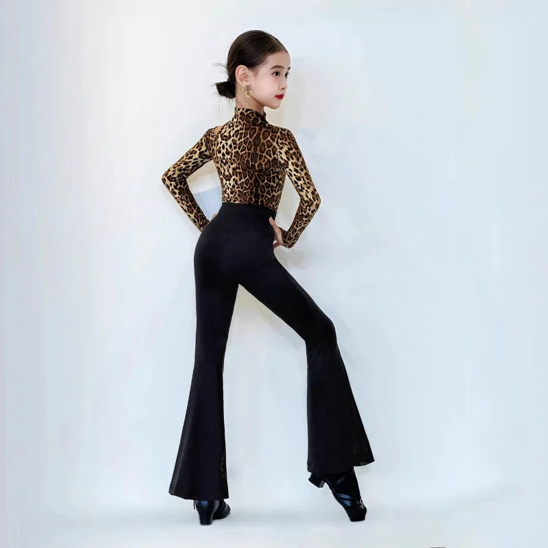 New Latin Dance Set for Girls Leopard Print Long Sleeve Top Black Flared Pants Training Clothes Cha Cha Rumba Practice DanceWear
