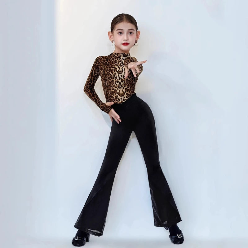 New Latin Dance Set for Girls Leopard Print Long Sleeve Top Black Flared Pants Training Clothes Cha Cha Rumba Practice DanceWear