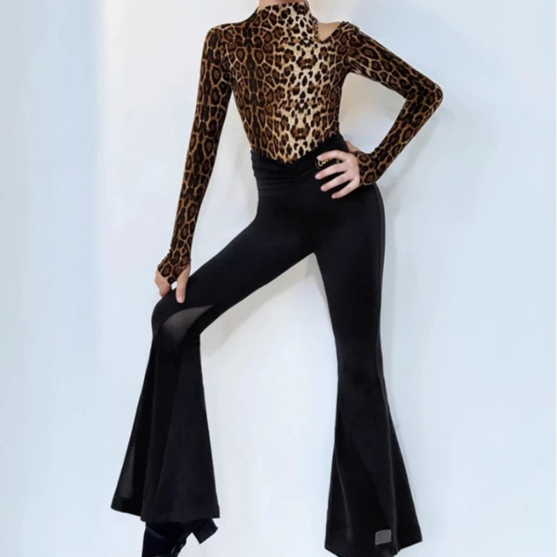 New Latin Dance Set for Girls Leopard Print Long Sleeve Top Black Flared Pants Training Clothes Cha Cha Rumba Practice DanceWear