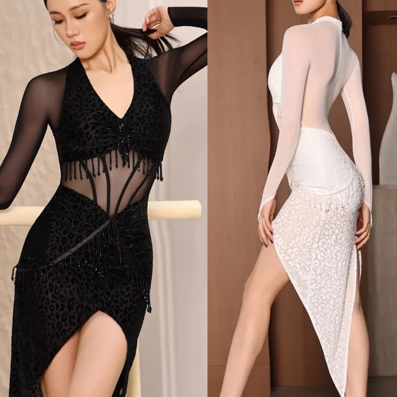 New Style Women Latin Dance Long-sleeved Dress Adult Sexy V-neck Mesh Dancewear Cha-cha Samba Ballroom Dance Competition Costume