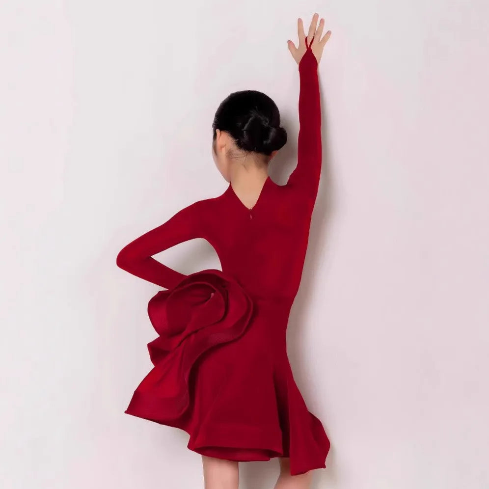 Red Child Latin Dance for Girl Dance Dress Long Sleeve Professional Cha-cha Samba Rumba Training Competition Clothing 2025 New