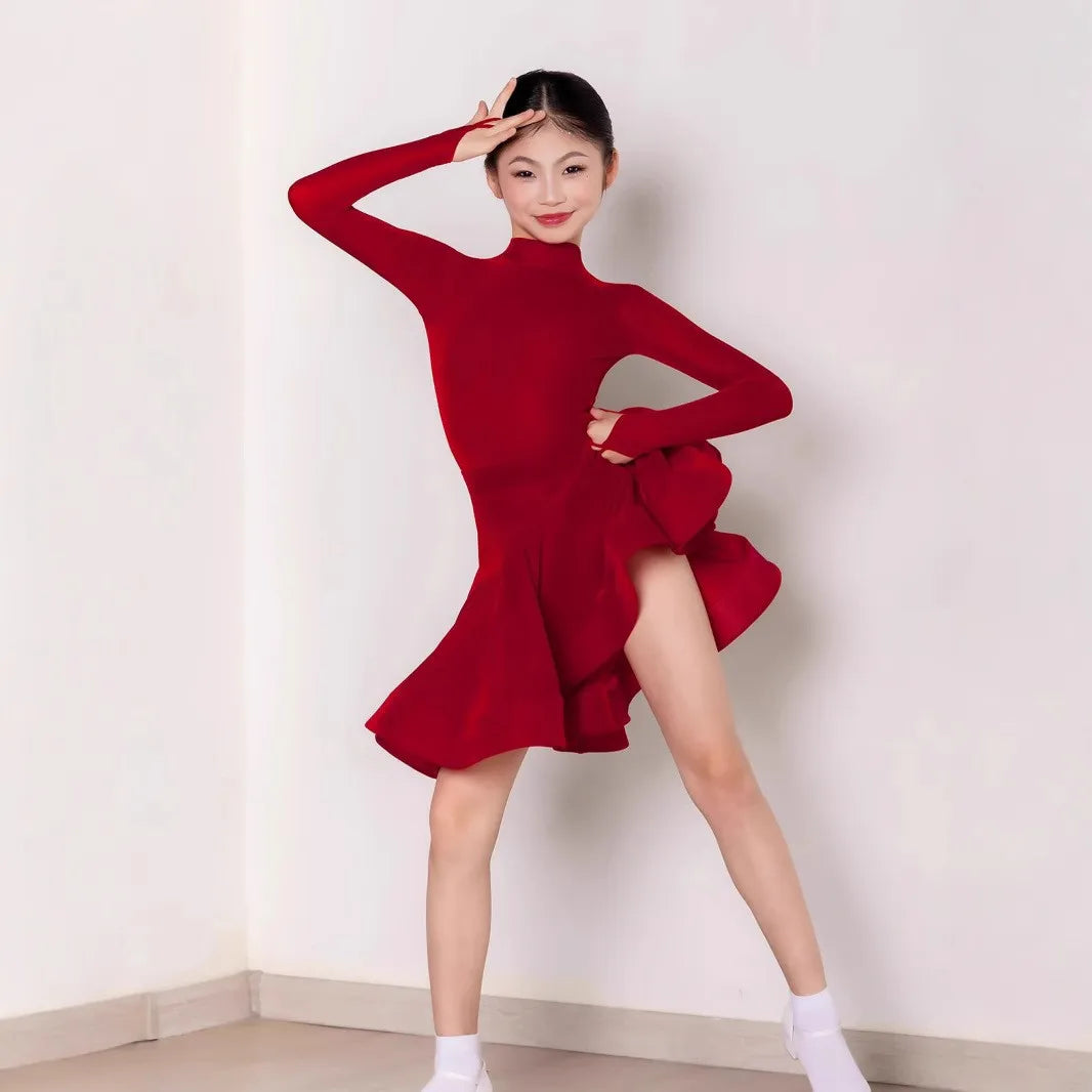 Red Child Latin Dance for Girl Dance Dress Long Sleeve Professional Cha-cha Samba Rumba Training Competition Clothing 2025 New