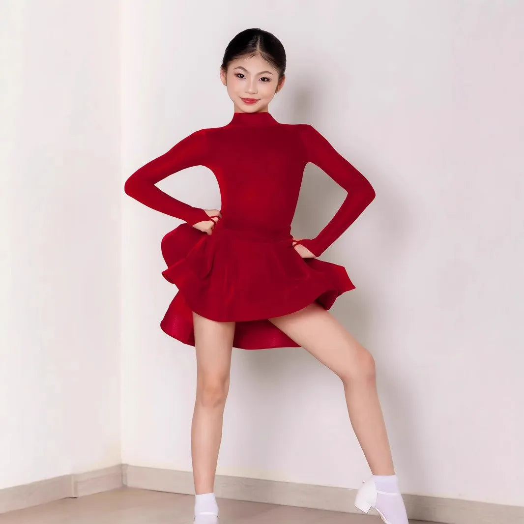 Red Child Latin Dance for Girl Dance Dress Long Sleeve Professional Cha-cha Samba Rumba Training Competition Clothing 2025 New