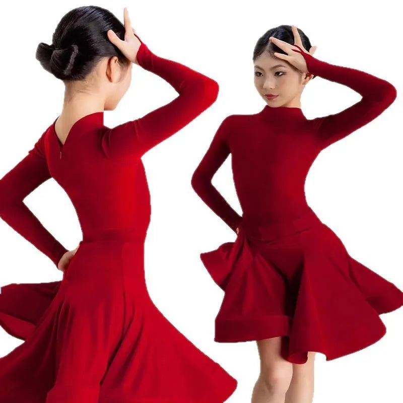 Red Child Latin Dance for Girl Dance Dress Long Sleeve Professional Cha-cha Samba Rumba Training Competition Clothing 2025 New