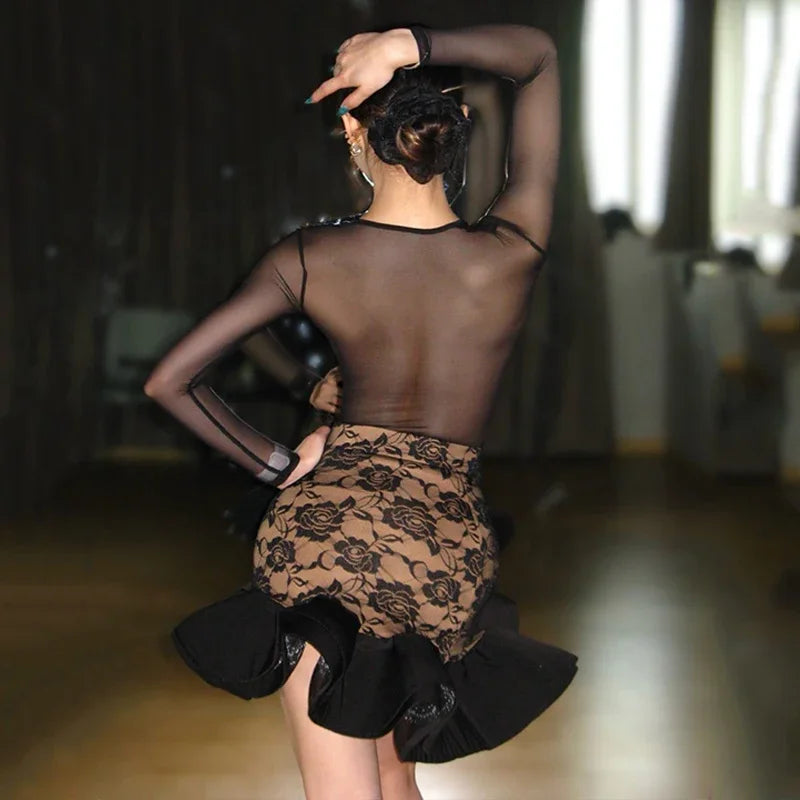Retro Lace Latin Dance Dress Clothes for Women Sexy Mesh Tops Skirt Practice Dress Cha Cha Rumba Salsa Dance Performance Costume