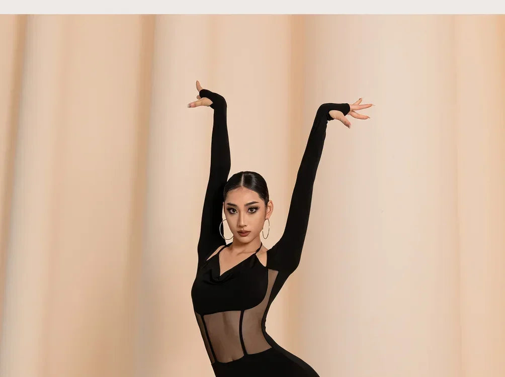 Women Latin Dance Clothing Black Gauze Long Sleeve Bodysuit Jumpsuit Ballroom Jazz Pole Dance Inner Lap Inside Wear Performance