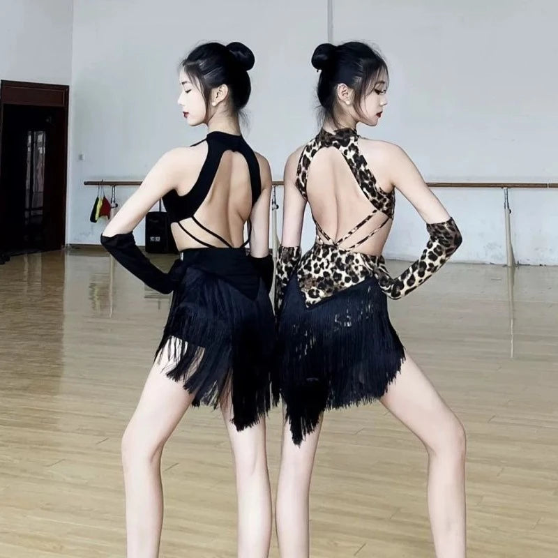 Sexy Grils Latin Dance Dress Set Clothing for Women Leopard Top Fringed Skirt Adults Samba Chacha Latin Dance Costumes Suits