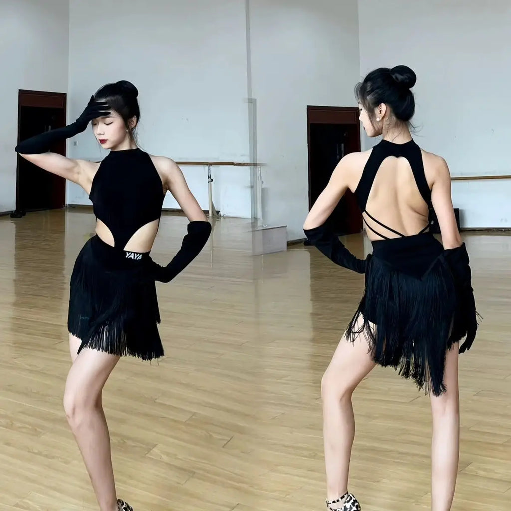 Sexy Grils Latin Dance Dress Set Clothing for Women Leopard Top Fringed Skirt Adults Samba Chacha Latin Dance Costumes Suits