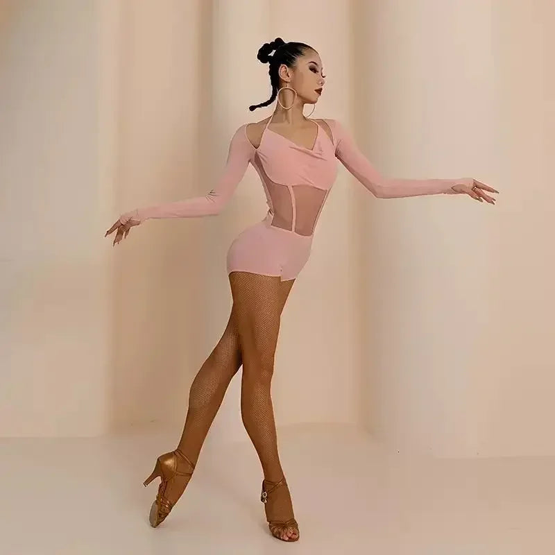 Women Latin Dance Clothing Black Gauze Long Sleeve Bodysuit Jumpsuit Ballroom Jazz Pole Dance Inner Lap Inside Wear Performance