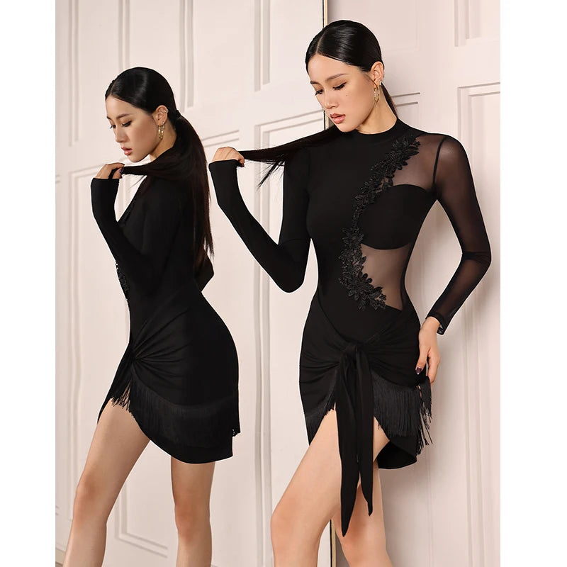Adult Latin Dance Dress for Women Long Sleeves Leotard Top Tassels Skirt Set Cha Cha Ballroom Dancing Costume Practice Dancewear