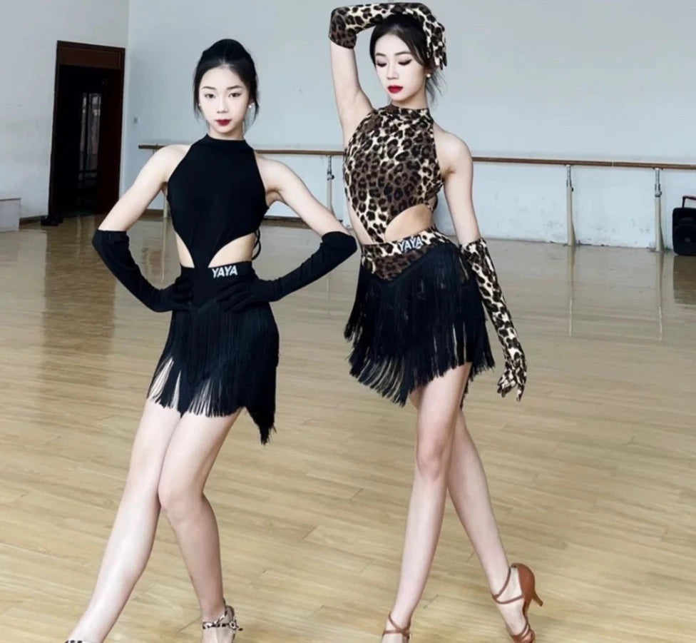 Sexy Grils Latin Dance Dress Set Clothing for Women Leopard Top Fringed Skirt Adults Samba Chacha Latin Dance Costumes Suits