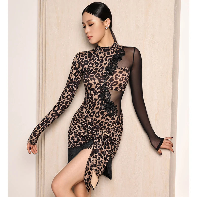 Adult Latin Dance Dress for Women Long Sleeves Leotard Top Tassels Skirt Set Cha Cha Ballroom Dancing Costume Practice Dancewear