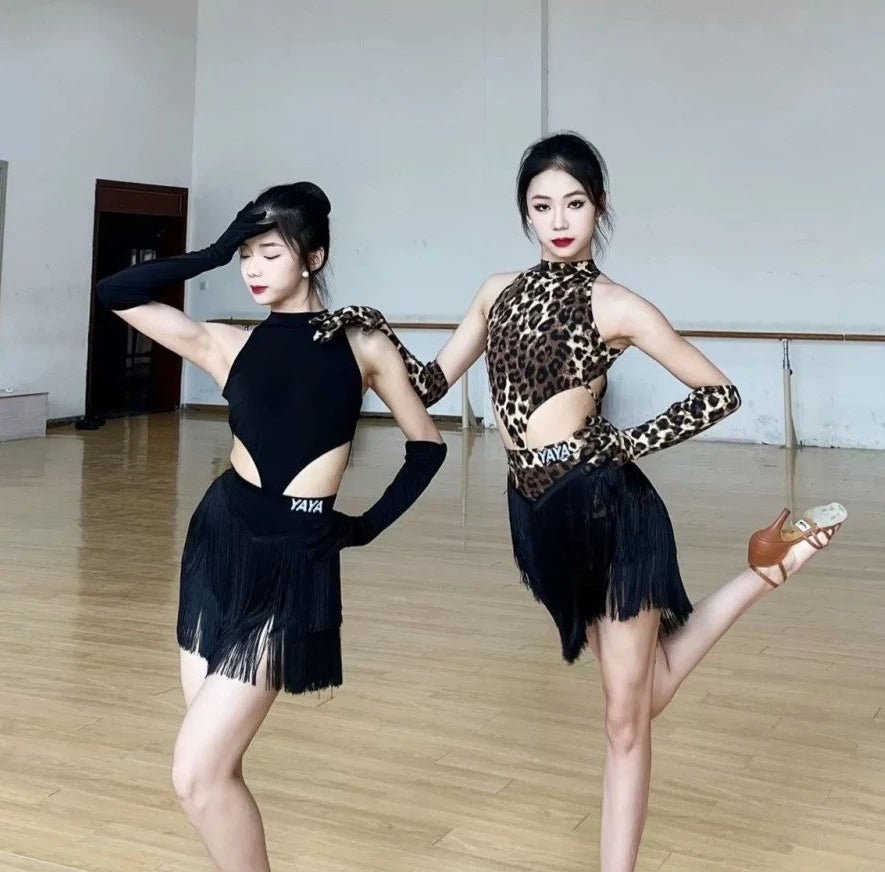 Sexy Grils Latin Dance Dress Set Clothing for Women Leopard Top Fringed Skirt Adults Samba Chacha Latin Dance Costumes Suits