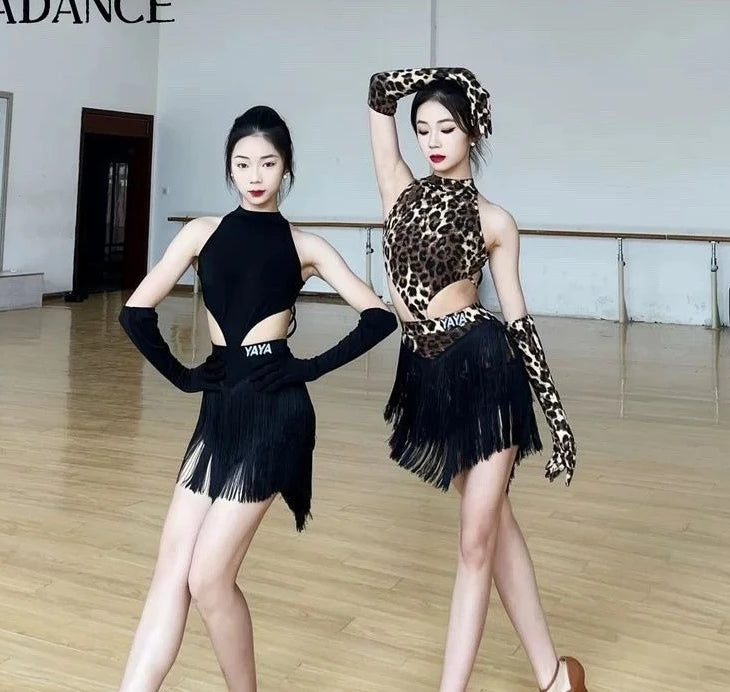 Sexy Grils Latin Dance Dress Set Clothing for Women Leopard Top Fringed Skirt Adults Samba Chacha Latin Dance Costumes Suits