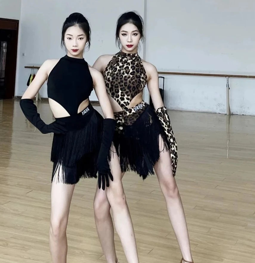 Sexy Grils Latin Dance Dress Set Clothing for Women Leopard Top Fringed Skirt Adults Samba Chacha Latin Dance Costumes Suits