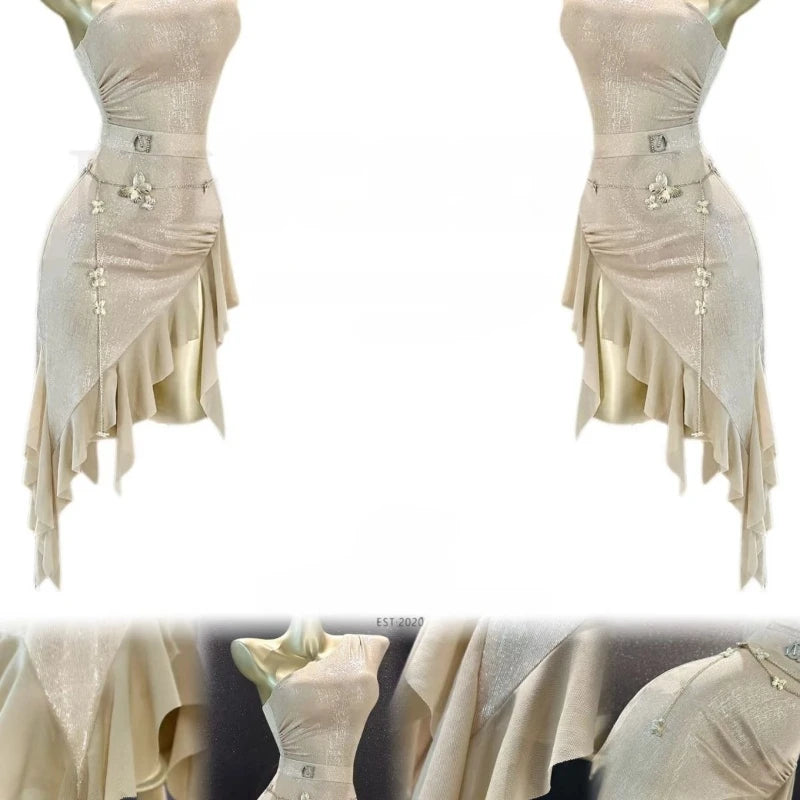 Sexy Latin Dance Dress Suit Women Off-the-shoulder Waist Chain Skirt Samban Rumba Salsa Dance Training Performance Sey Costume