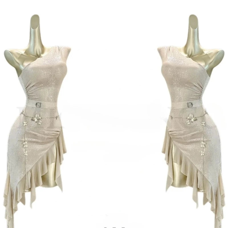 Sexy Latin Dance Dress Suit Women Off-the-shoulder Waist Chain Skirt Samban Rumba Salsa Dance Training Performance Sey Costume