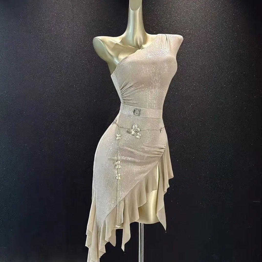 Sexy Latin Dance Dress Suit Women Off-the-shoulder Waist Chain Skirt Samban Rumba Salsa Dance Training Performance Sey Costume