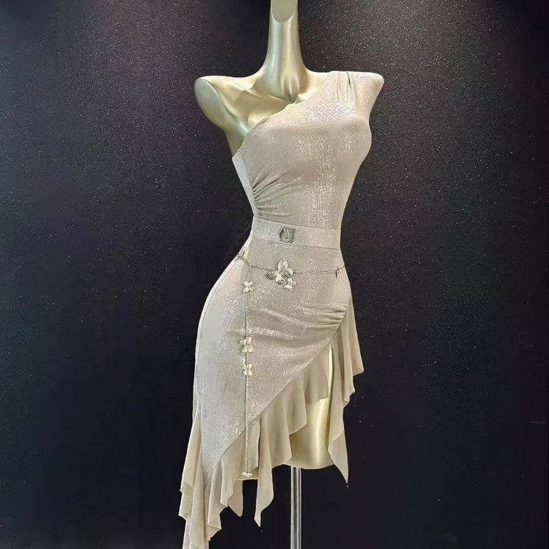 Sexy Latin Dance Dress Suit Women Off-the-shoulder Waist Chain Skirt Samban Rumba Salsa Dance Training Performance Sey Costume