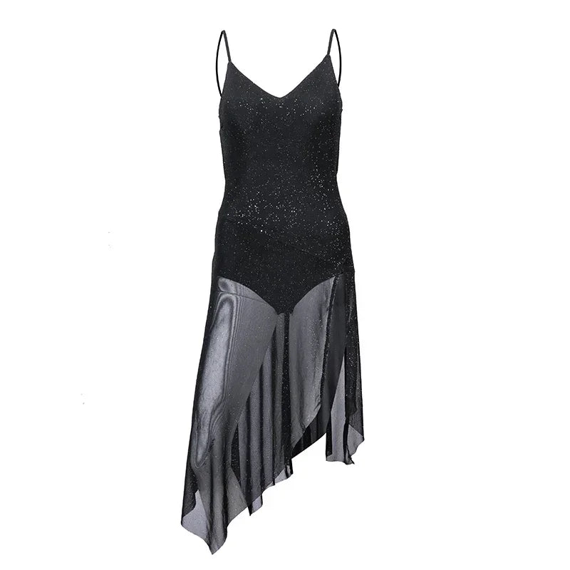 Sexy Latin Dance Dress Women Summer Black Suspender Sequin Dress