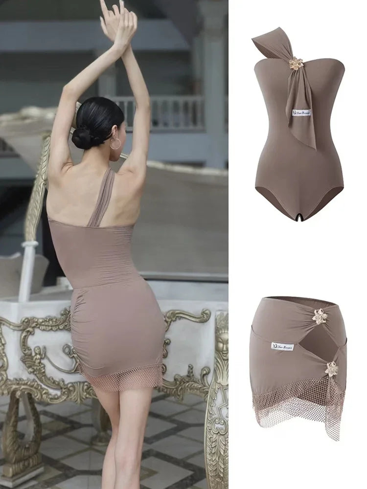 Sexy Latin Dance Suit For Women Summer Practice Clothes Off Shoulder Black Dance Leotard Mesh Skirt Cha Cha Rumba Dancewear