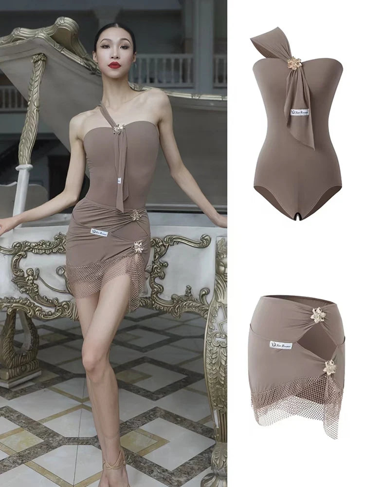 Sexy Latin Dance Suit For Women Summer Practice Clothes Off Shoulder Black Dance Leotard Mesh Skirt Cha Cha Rumba Dancewear