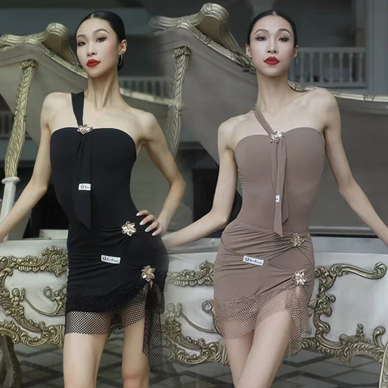 Sexy Latin Dance Suit For Women Summer Practice Clothes Off Shoulder Black Dance Leotard Mesh Skirt Cha Cha Rumba Dancewear