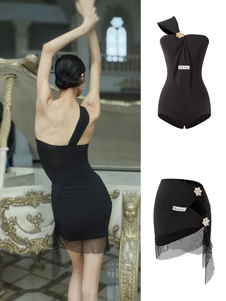 Sexy Latin Dance Suit For Women Summer Practice Clothes Off Shoulder Black Dance Leotard Mesh Skirt Cha Cha Rumba Dancewear
