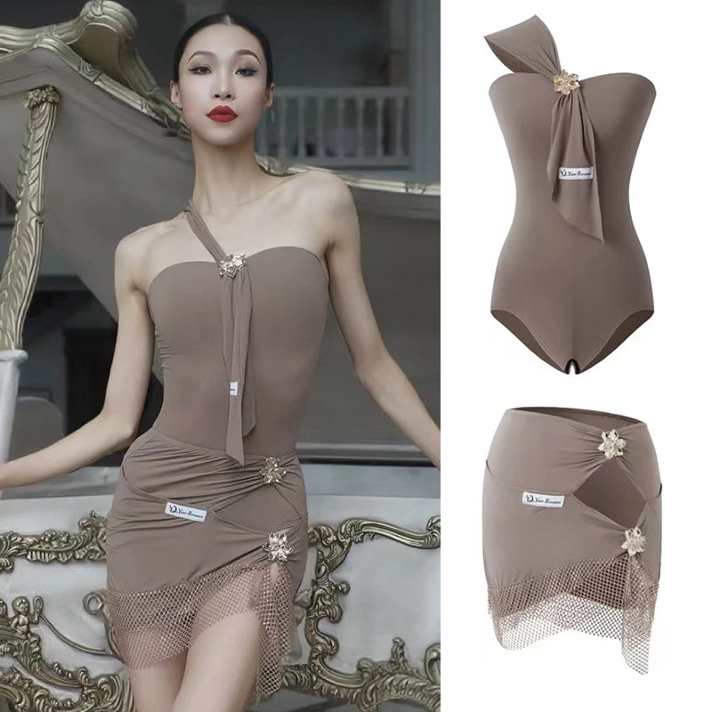 Sexy Latin Dance Suit For Women Summer Practice Clothes Off Shoulder Black Dance Leotard Mesh Skirt Cha Cha Rumba Dancewear