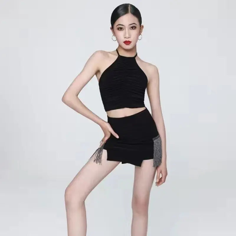 Summer Children Latin Dance Set Girls Black Sleeveless Top Fringed Short Skirt Training Suit Cha-cha Samba Rumba Dance Costume