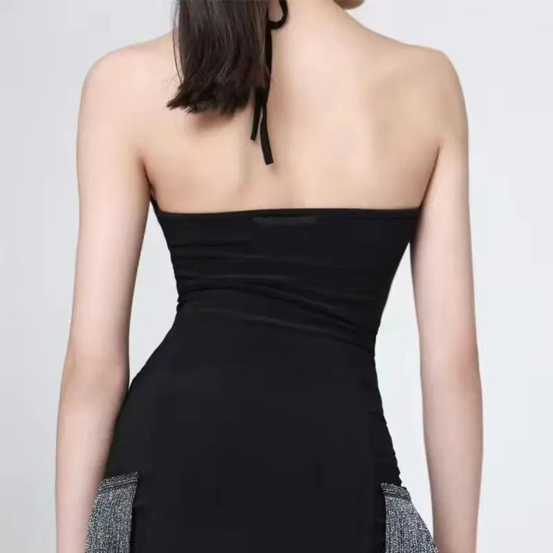 Summer Children Latin Dance Set Girls Black Sleeveless Top Fringed Short Skirt Training Suit Cha-cha Samba Rumba Dance Costume