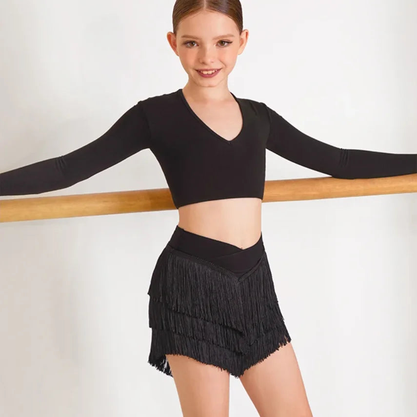 Summer Latin Dance Set Clothes for Grils Long Sleeves Tops Fringe Skirt Kids Cha Cha Rumba Samba Dance Practice Training Dress