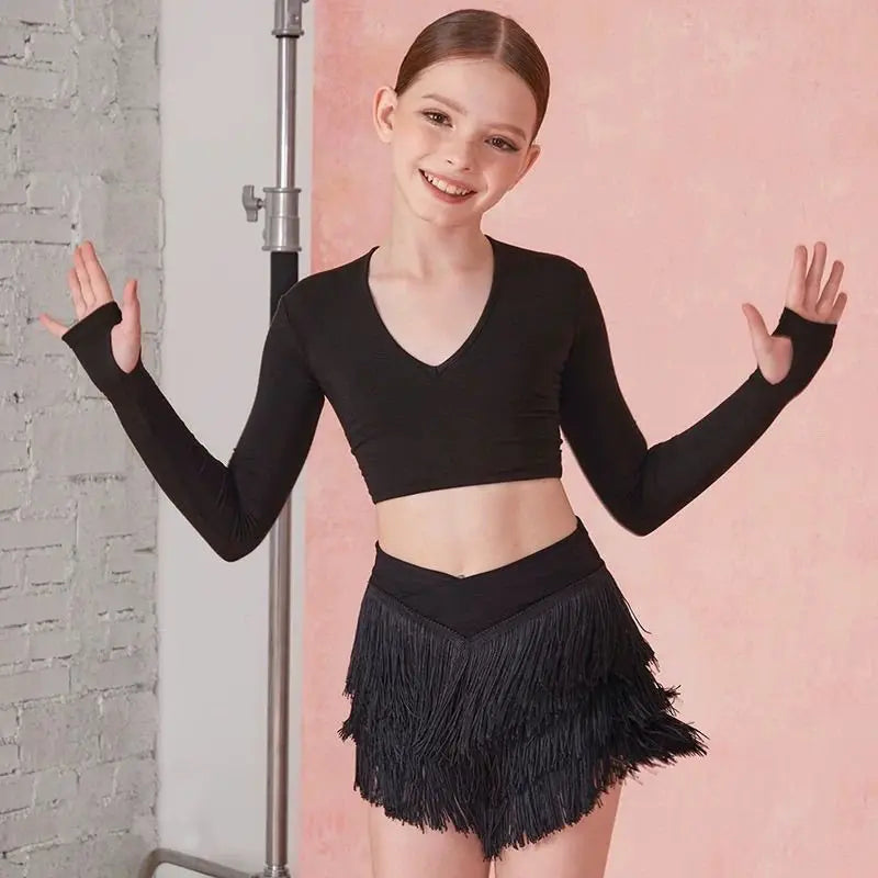 Summer Latin Dance Set Clothes for Grils Long Sleeves Tops Fringe Skirt Kids Cha Cha Rumba Samba Dance Practice Training Dress