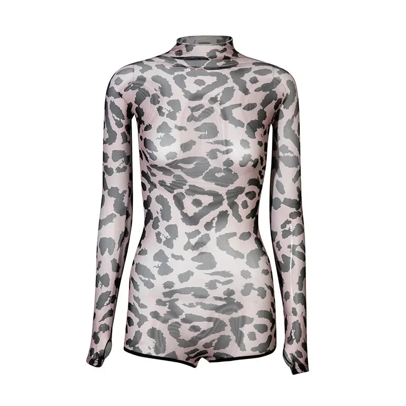 Woemn Latin Dance Body Mesh Top Jumpsuit Leopard Bodysuit Ballroom Dancing Leotard Latin Training Practice Wear Rumba Chacha