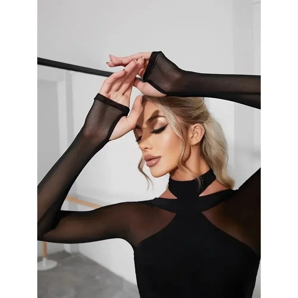 Women Latin Dance Body Top Black Mesh Conjoined Backless Cross Belt Pair Dance Dress Lingerie Training Performance Pole Dancing