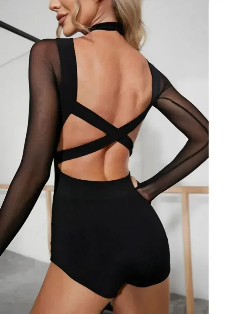 Women Latin Dance Body Top Black Mesh Conjoined Backless Cross Belt Pair Dance Dress Lingerie Training Performance Pole Dancing