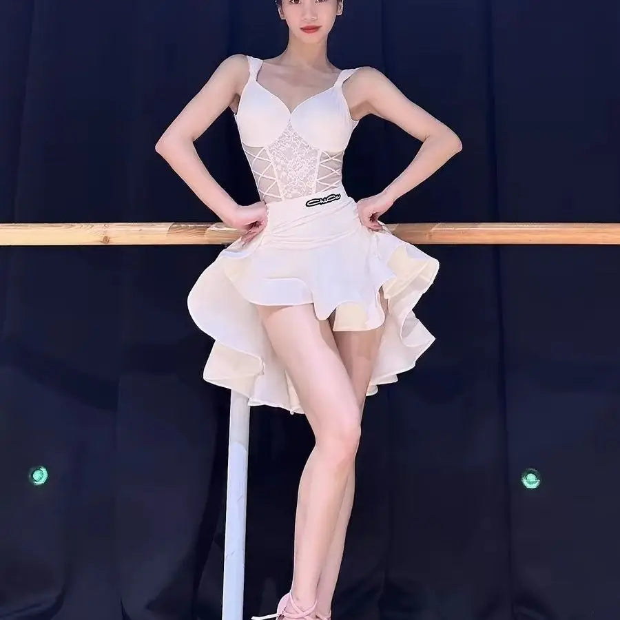 Women Latin Dance Dress Outfits Lace Bra Jumpsuits Tops Ruffled Skirt Adult Female Dance Competition Stage Performance Costumes
