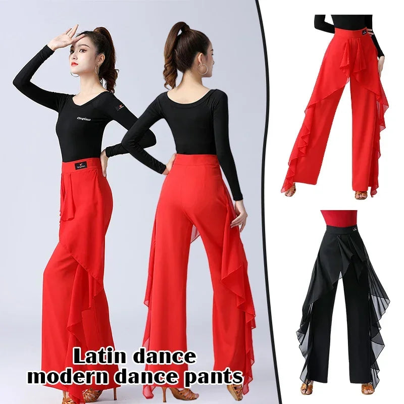 Women Latin Dance Pants Modern Dance High Waist Ruffle Wide Pants Ballroom Tango Cha-cha Trousers Performance Practice Costume
