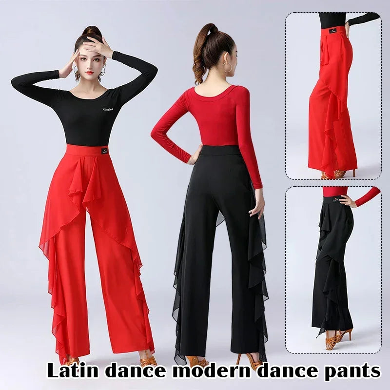 Women Latin Dance Pants Modern Dance High Waist Ruffle Wide Pants Ballroom Tango Cha-cha Trousers Performance Practice Costume
