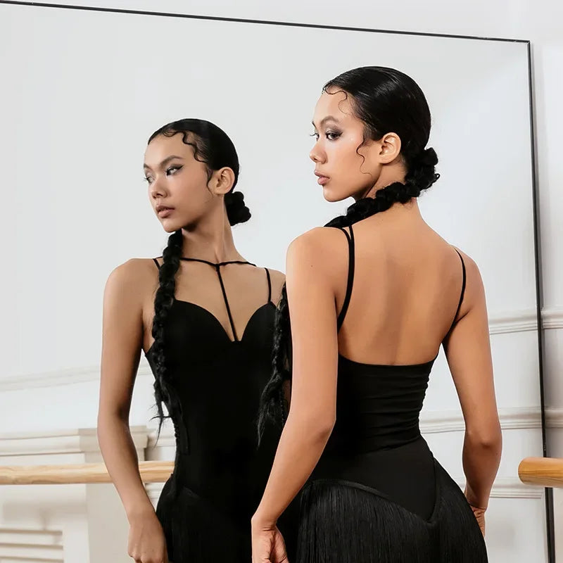 Women Latin Dance Short Skirt Black Fringe Skirt Halter Bodice Cha-cha National Standard Dance Professional Practice Dress Set