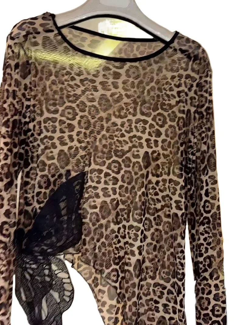 Women Latin Dance Top Leopard Print Long-sleeved Dance Costume Cha-cha Samba Ballroom Dance Training  Performance Mesh Clothes
