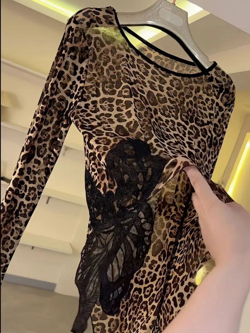 Women Latin Dance Top Leopard Print Long-sleeved Dance Costume Cha-cha Samba Ballroom Dance Training  Performance Mesh Clothes