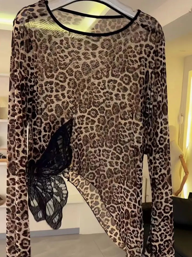 Women Latin Dance Top Leopard Print Long-sleeved Dance Costume Cha-cha Samba Ballroom Dance Training  Performance Mesh Clothes