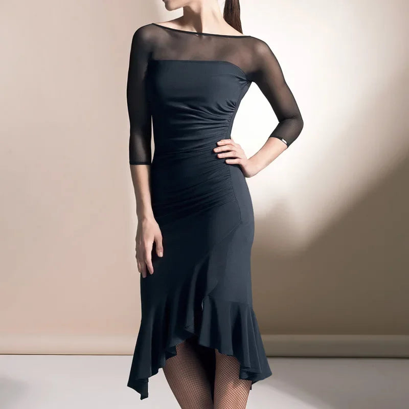 Women Sexy Ladies Ballroom Latin Dance Dress Black Long-sleeved Mesh Cha Cha Samba Competition Latino Dancing Costume Dancewear